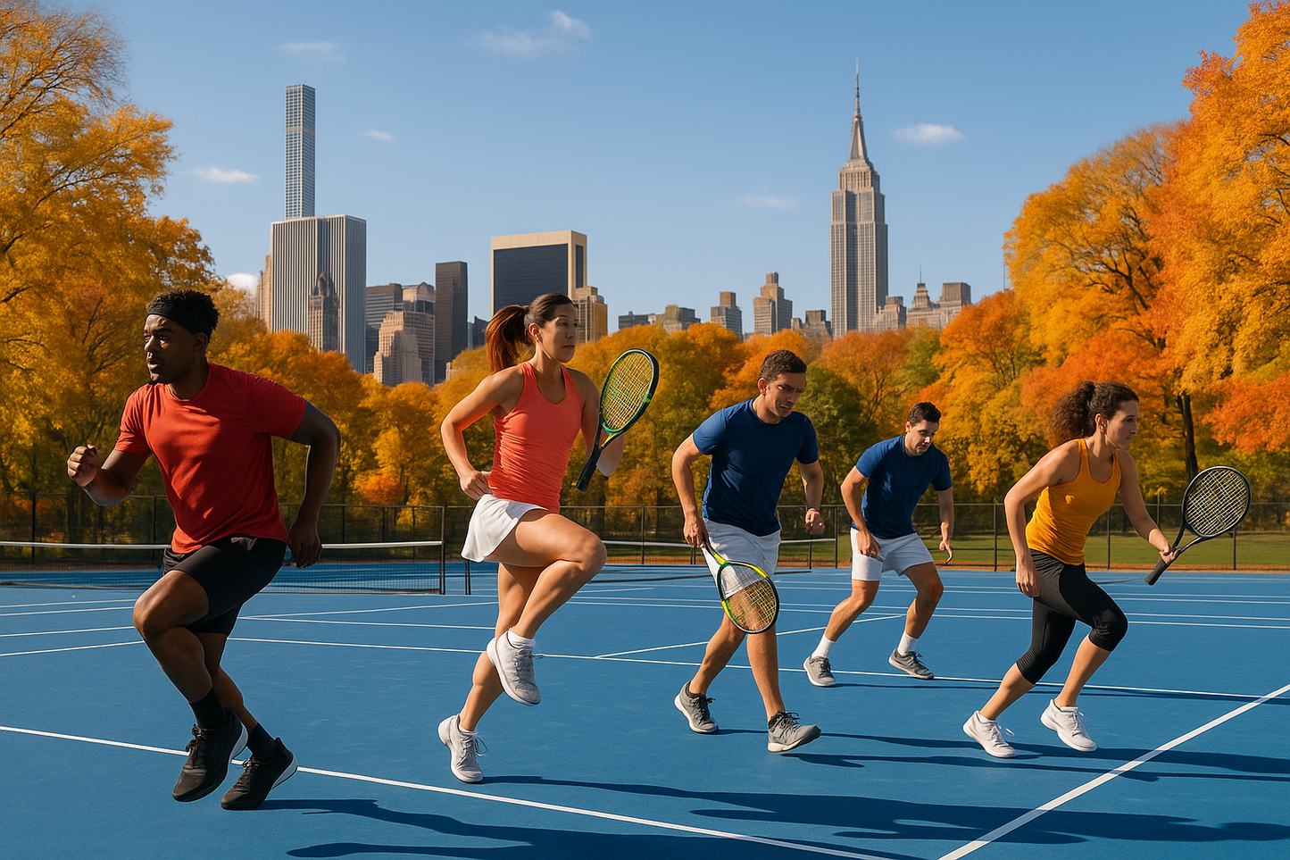 4 adults engaged in cardio tennis on an autumn day in central park. blue tennis courts