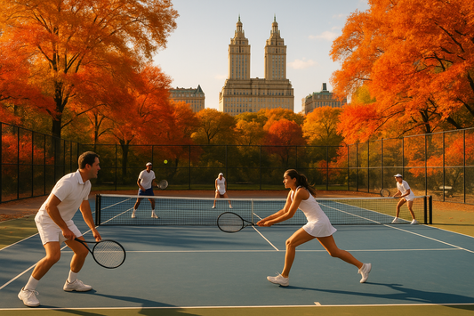 4 adults playing tennis on an autum day in Central Park. Blue tennis courts, san remo building in the bakground