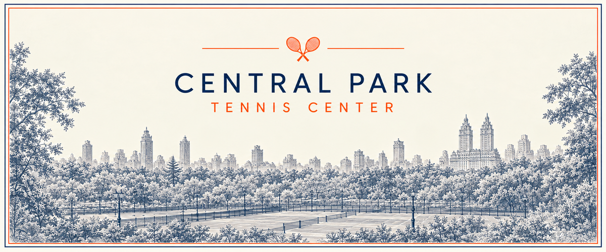 Central Park Tennis Center — illustrated tennis courts in Central Park with the New York City skyline