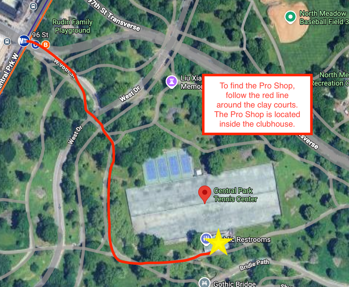 Map showing the route to the Pro Shop around the clay courts at Central Park Tennis